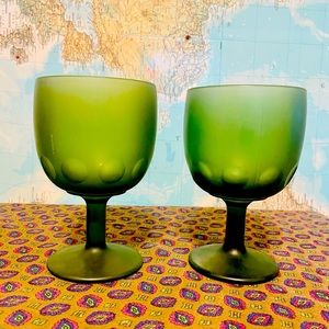 2 Vintage Bartlett Collins Schooner Satin Green Glass Goblets Thumbprint Stemmed